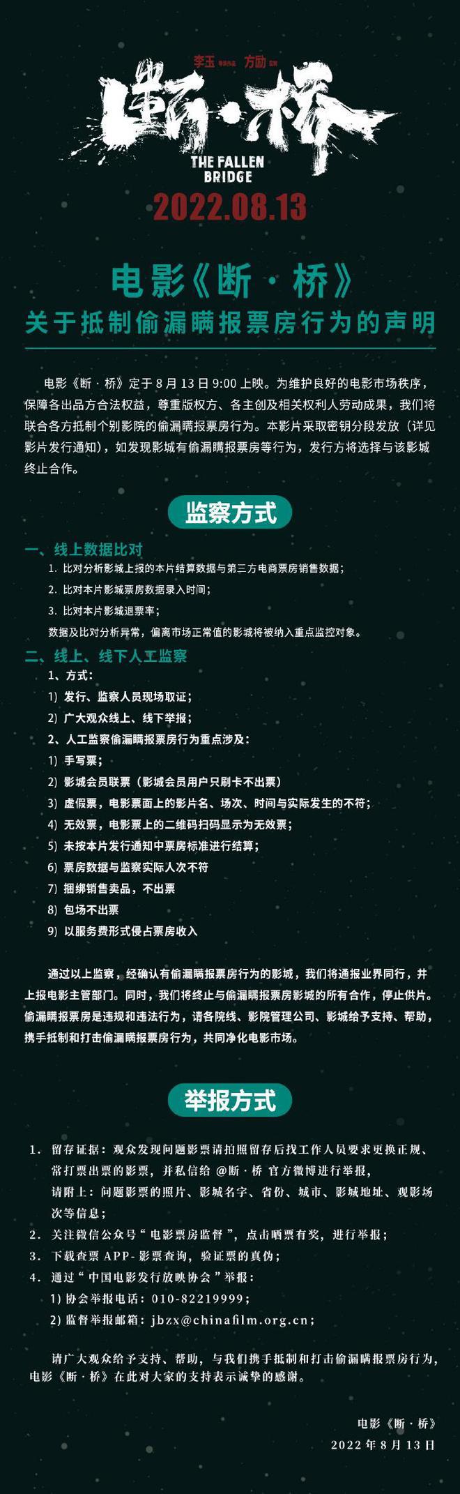 电影《断·桥》发声明 抵制偷漏瞒报票房行为